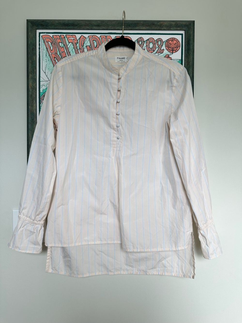 FRAME Cream Long Sleeve Shirt Blue Pinstripes Mandarin Collar Women’s Size XS